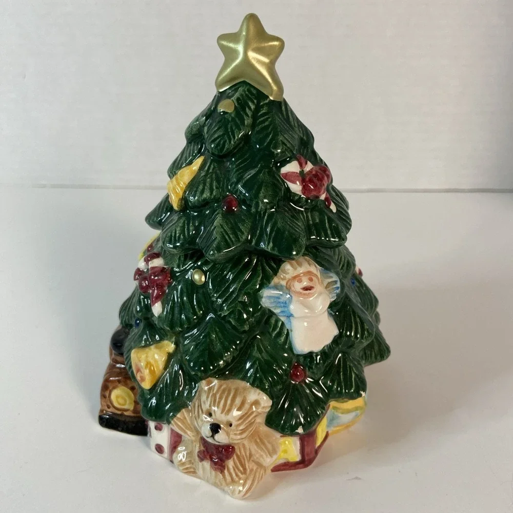 Vtg Earthenware Christmas Tree Sugar & Creamer Set w/Original Box Kitchen Decor